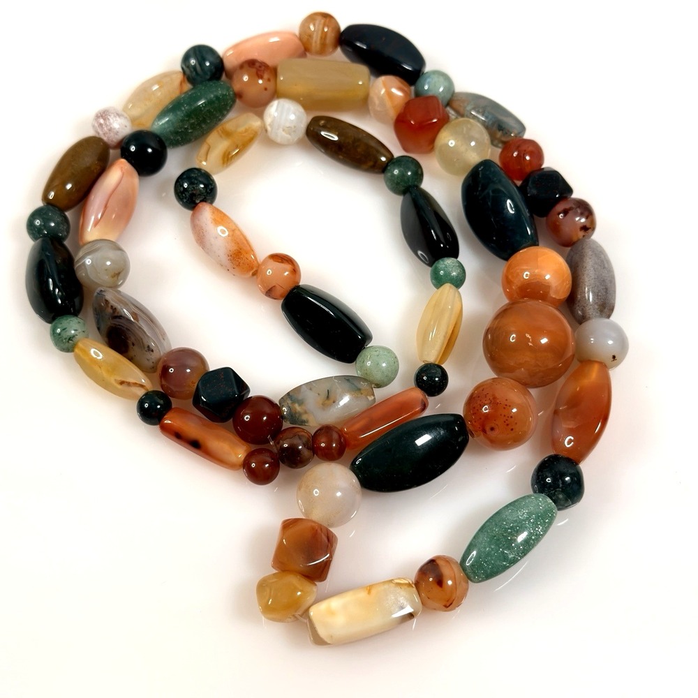 Natural Mixed Gemstone Necklace Carnelian Agate Jasper Beggars Beads 44" Chunky
